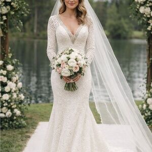 Madison James Cream Long Sleeve V-Neck Gown